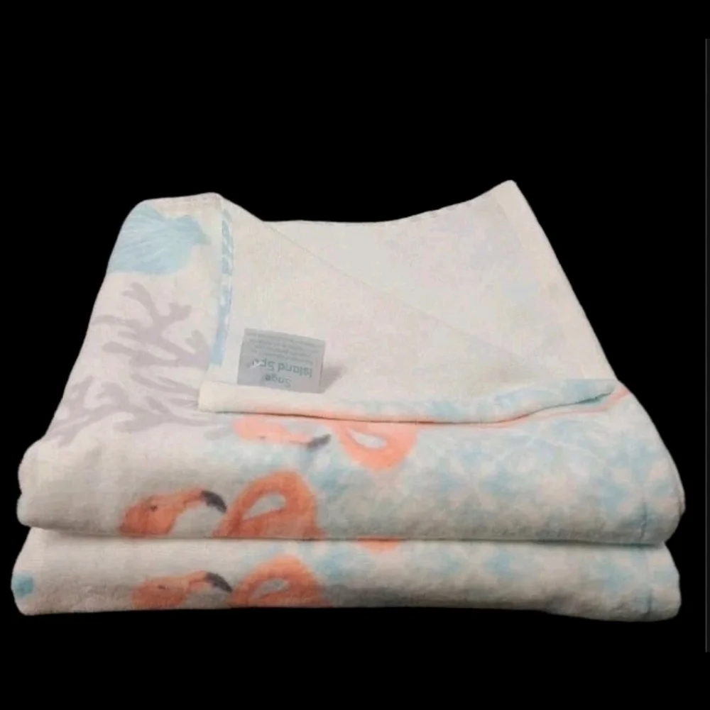 2pc Resort Tropical Pink Flamingo Starfish Seashell Velour Bath TOWEL Set New